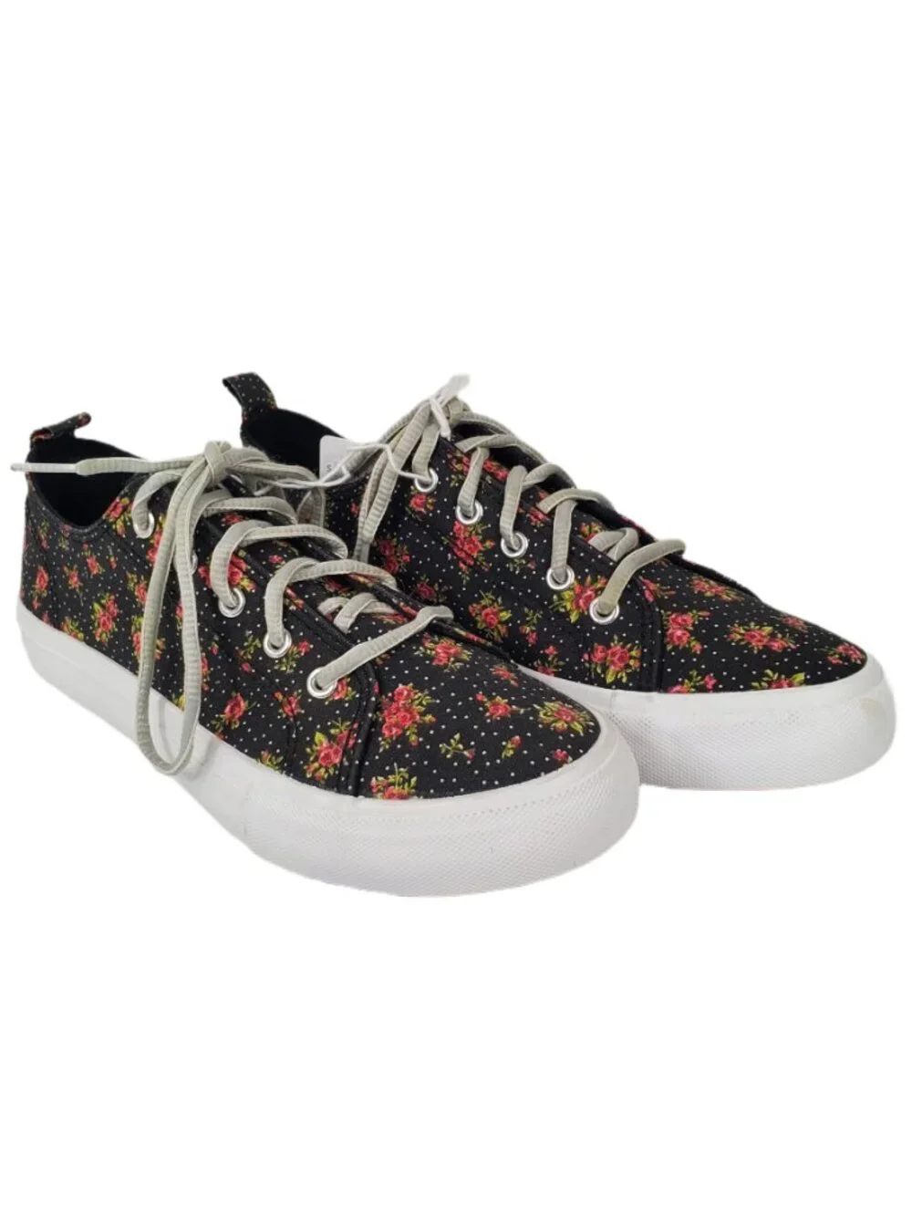 Serra Ladies Black Canvas Sneakers w/ Pink Floral Pattern Polka Dots Size 7 NWT